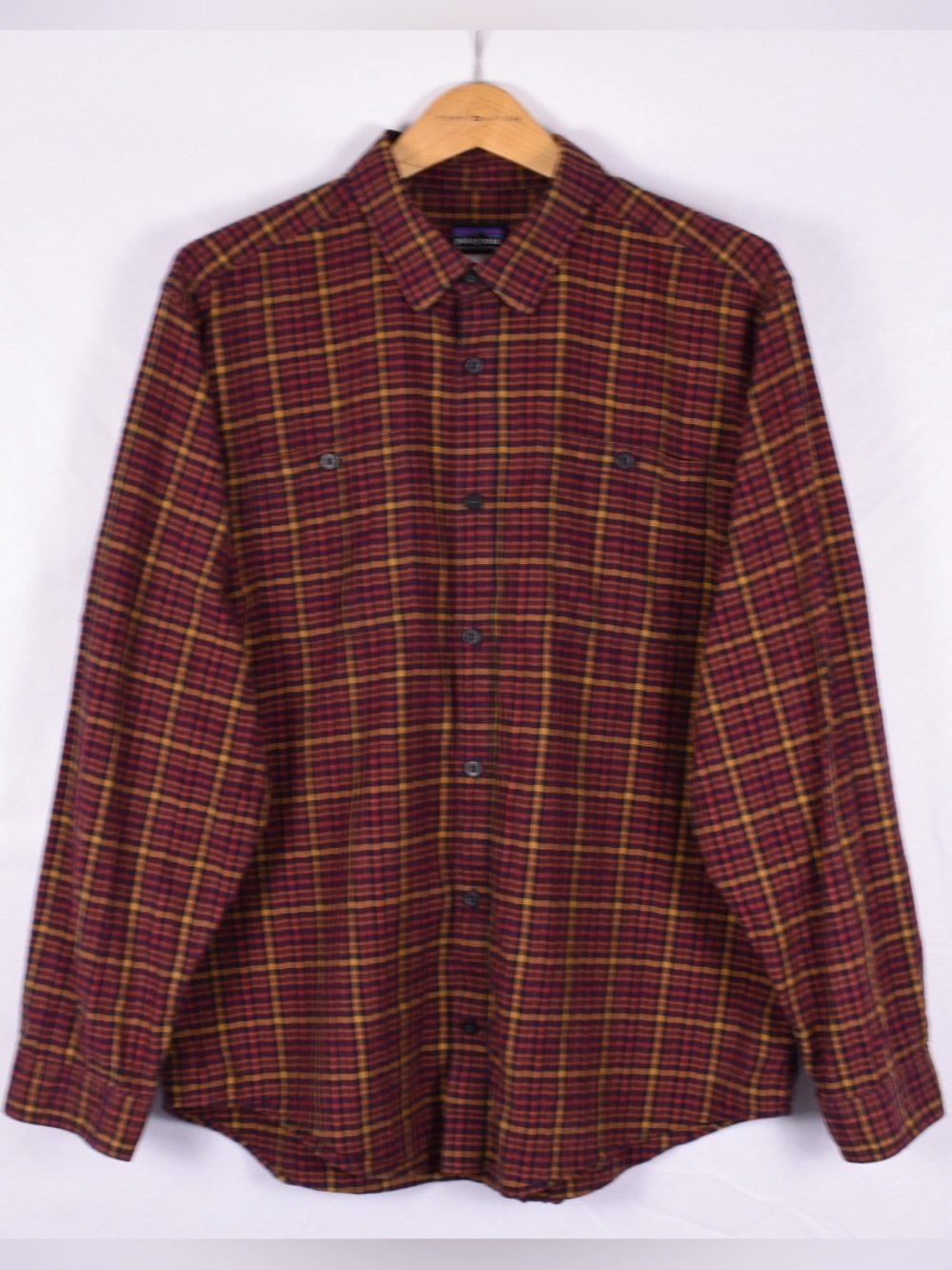 Patagonia Maroon Plaid Button-Down Shirt with Yellow Accents